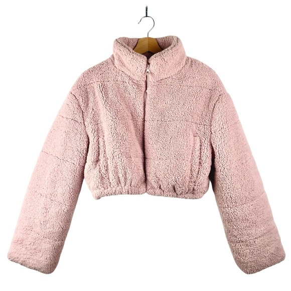Streetwear Society Sherpa Teddy Pink Crop Jacket Size L, Oversized Kawaii Fluffy - Picture 2 of 13